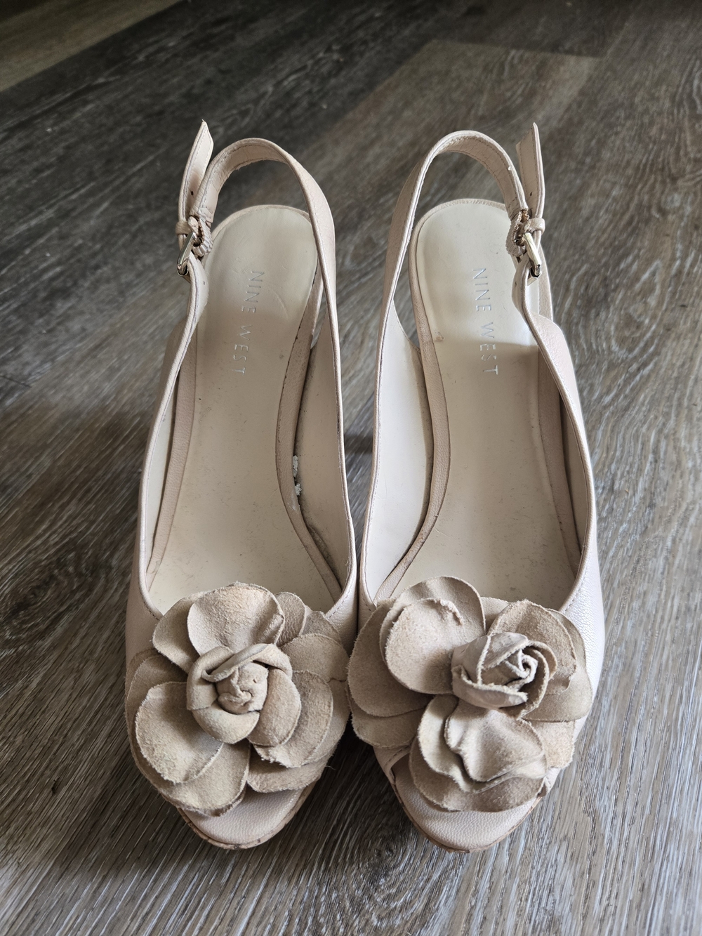Nine West Nude Floral Peep-Toe Slingback Heels
